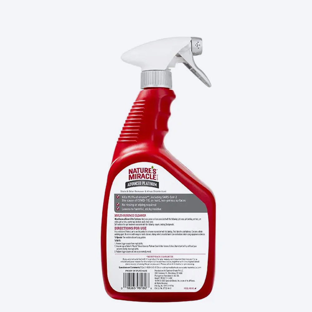 Nature's Miracle Advanced Platinum Stain & Odor Remover Virus Disinfectant Spray For Dog - 946 ml - Heads Up For Tails