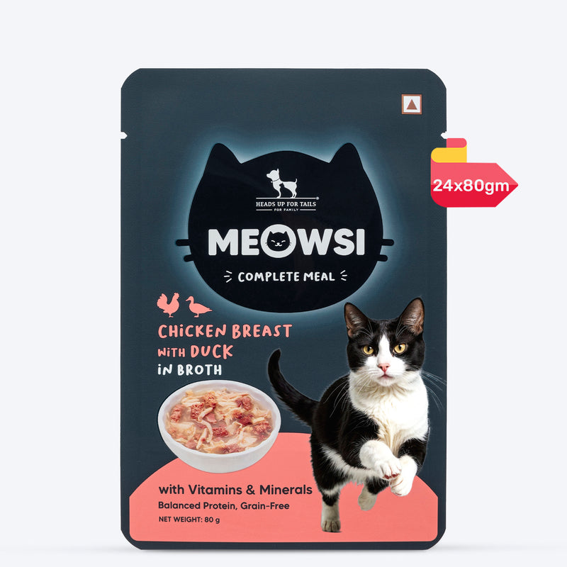 Meowsi by HUFT Chicken Breast with Duck in Broth Cat Wet Food, 80 gm, complete meal with vitamins and minerals.