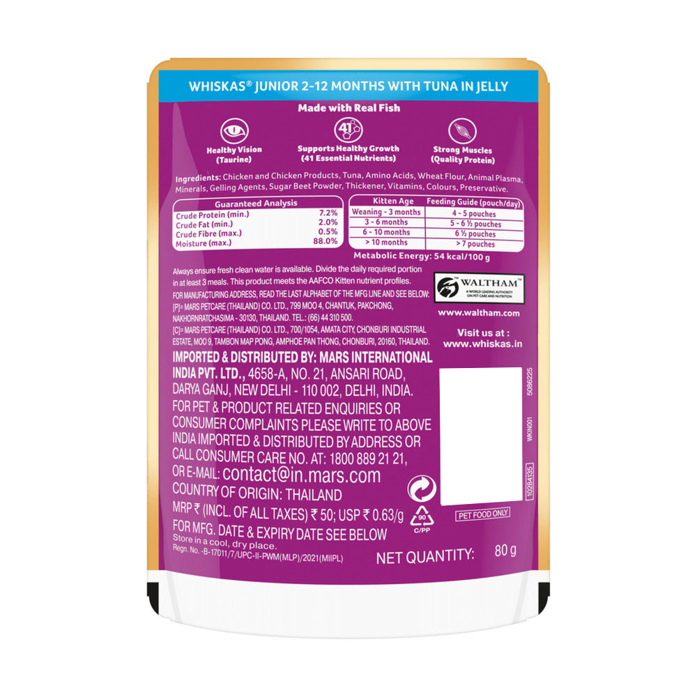 Whiskas Tuna in Jelly (2-12 Months) Wet Food For Kitten - 80 gm Pack - Heads Up For Tails