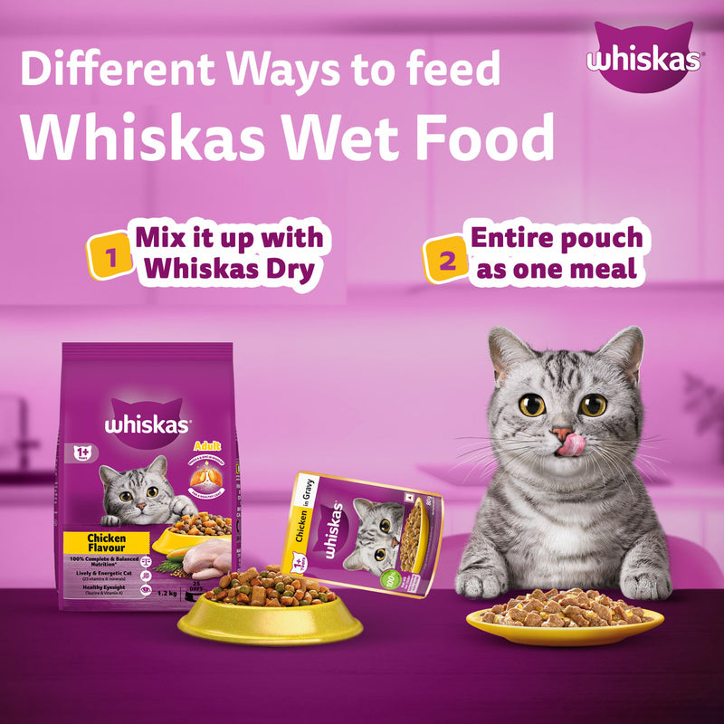 Whiskas Chicken in Gravy (1+ Years) Wet Food For Adult Cat - 80 gm Pack - Heads Up For Tails