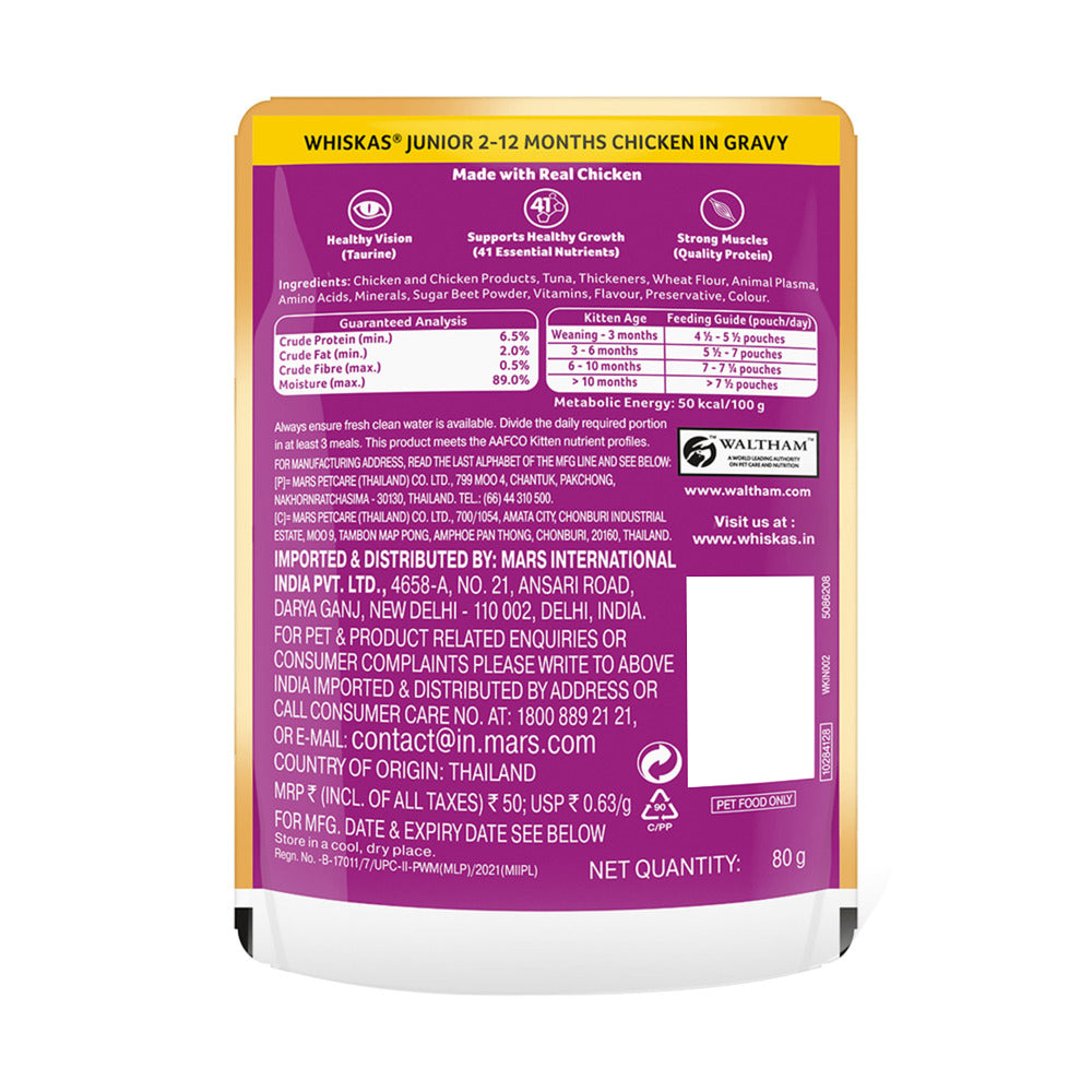 Whiskas Chicken in Gravy (2-12 Months) Wet Food For Junior Kitten - 80 gm Pack - Heads Up For Tails