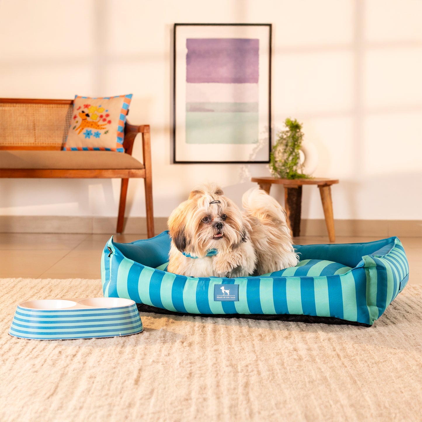 HUFT Happy Stripes Lounger Bed For Dog - Blue & Turquoise - Heads Up For Tails