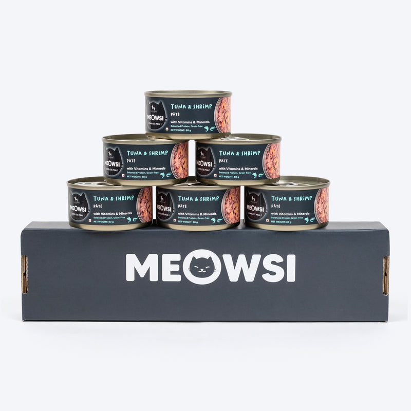 Meowsi by HUFT Tuna & Shrimp Pâté Canned Cat Wet Food, 80 gm, with vitamins and minerals, grain-free formula.