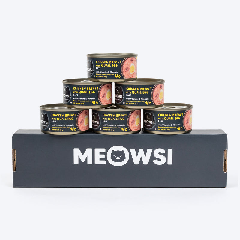 Meowsi by HUFT Chicken Breast with Quail Egg pâté, 80 gm can, grain-free, with vitamins and minerals for cats.