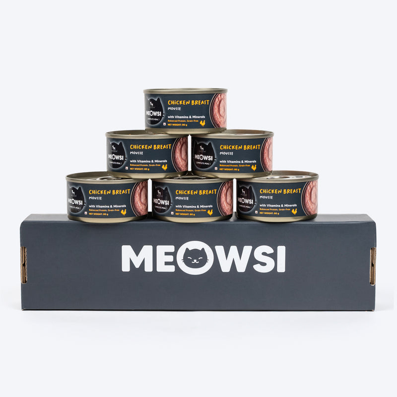 Meowsi by HUFT Chicken Breast Mousse Canned Cat Wet Food, 80 gm, with vitamins and minerals, grain-free formula.