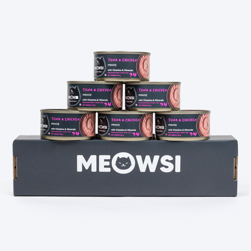 Meowsi by HUFT Tuna & Chicken in Mousse Canned Cat Wet Food, 80 gm, with vitamins and minerals, grain-free.