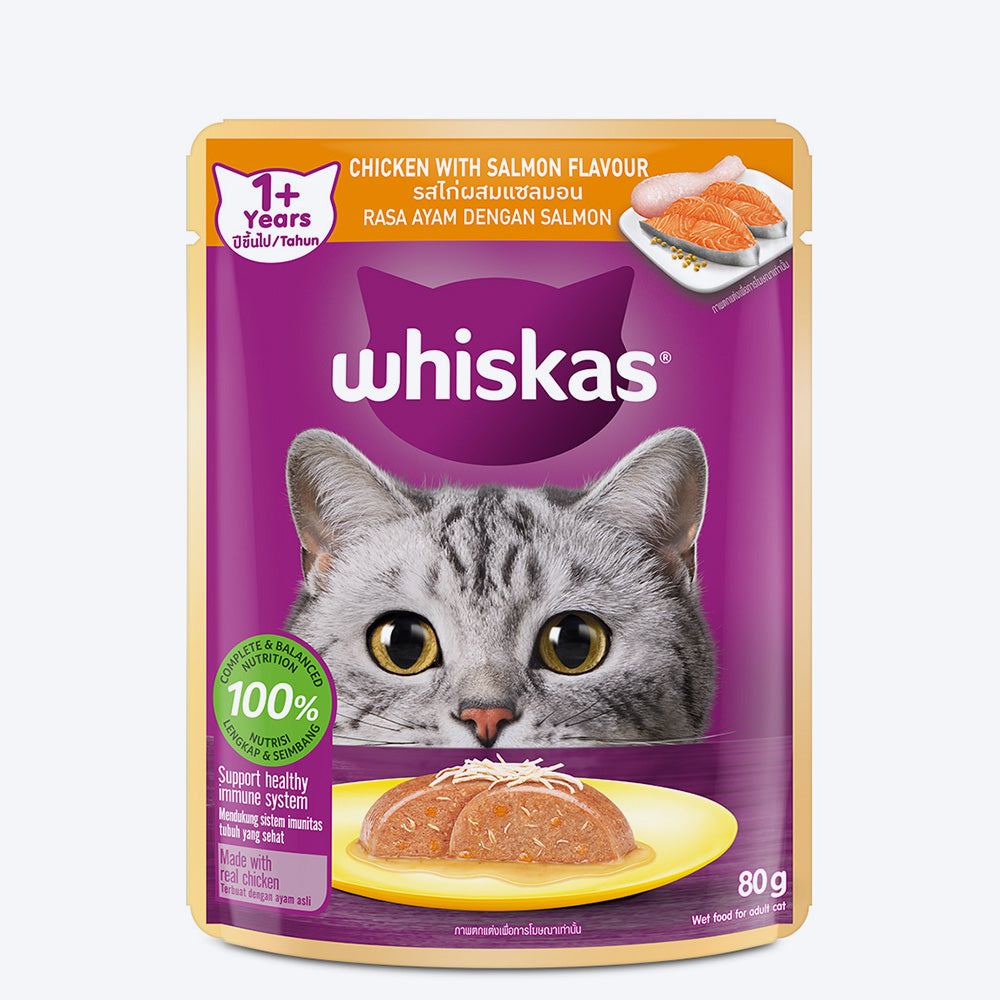 Whiskas Chicken with Salmon in Jelly Flavour (1+ Years) Adult Cat Wet Food - 80 gm Pack