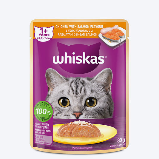 Whiskas Chicken with Salmon in Jelly Flavour (1+ Years) Adult Cat Wet Food - 80 gm Pack