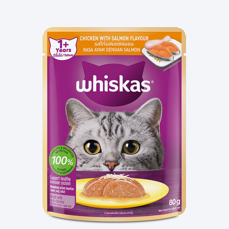 Whiskas Chicken with Salmon in Jelly Flavour (1+ Years) Adult Cat Wet Food - 80 gm Pack