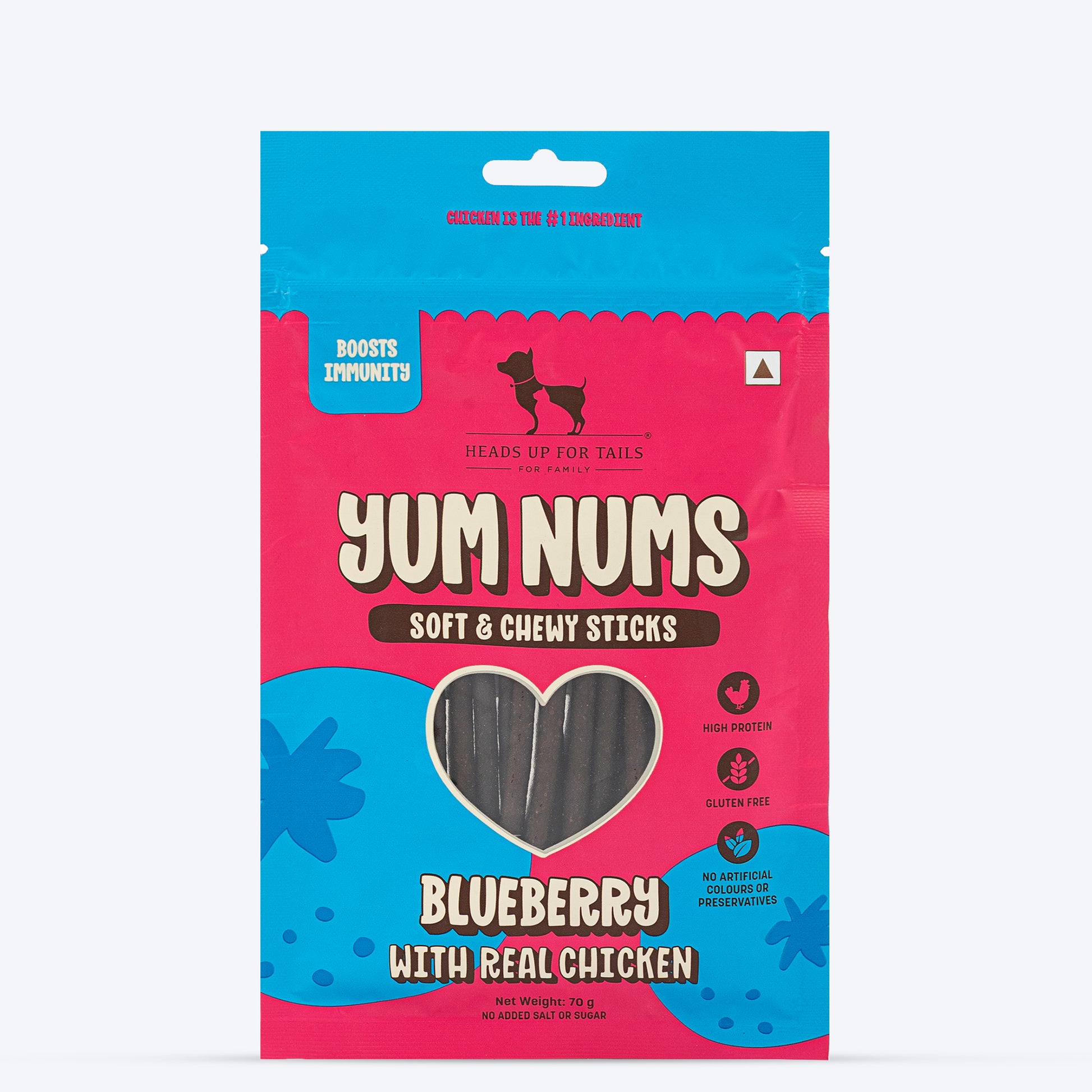 HUFT Yum Nums Dog Treats Soft & Chewy Sticks Blueberry With Real Chicken - 70 gm - Heads Up For Tails
