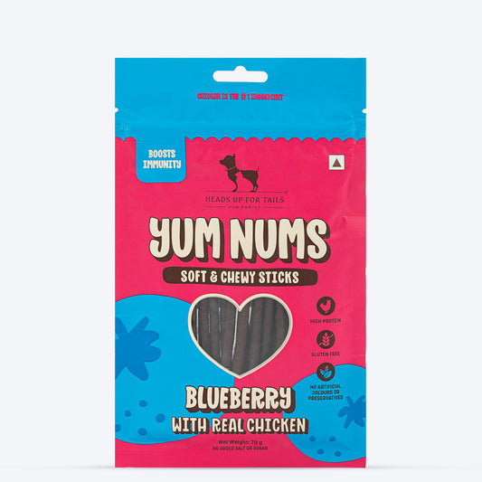 HUFT Yum Nums Dog Treats Soft & Chewy Sticks Blueberry With Real Chicken - 70 gm - Heads Up For Tails