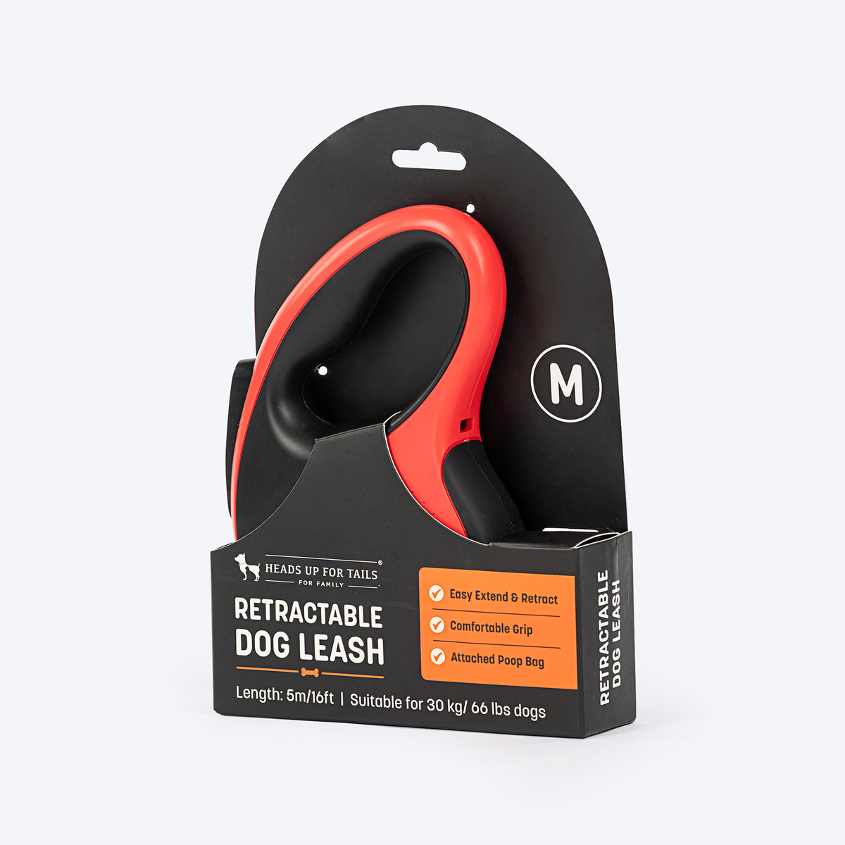 HUFT Retractable Leash With Poop Bag Dispenser For Dog - Red - Heads Up For Tails