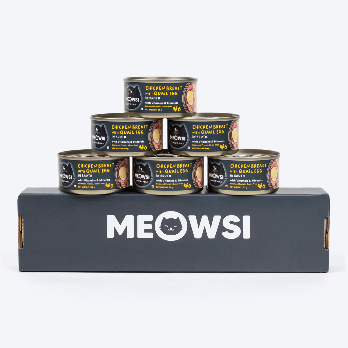 Meowsi by HUFT Chicken Breast with Quail Egg in Broth, 80 gm, grain-free, with vitamins and minerals.