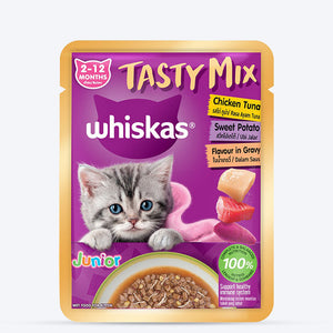 Whiskas Tasty Mix Chicken Tuna With Sweet Potato In Gravy Wet Food For Junior (2-12 Months) Kitten - 70 gm Pack - Heads Up For Tails