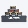 Meowsi by HUFT Chicken Breast with Duck in Broth, 80 gm can, features a pull-tab lid and a mix of shredded meat.
