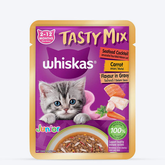 Whiskas Tasty Mix Seafood Cocktail With Carrot In Gravy Wet Food For Junior (2-12 Months) Kitten- 70 gm Pack