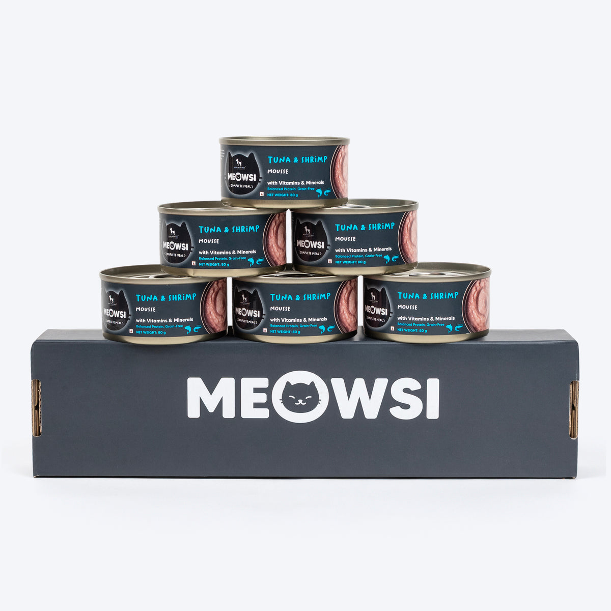 Meowsi by HUFT Tuna & Shrimp Mousse Canned Cat Wet Food, 80 gm, with vitamins and minerals, grain-free formula.