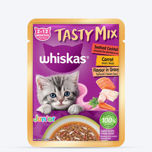 Whiskas Tasty Mix Seafood Cocktail With Carrot In Gravy Wet Food For Junior (2-12 Months) Kitten- 70 gm Pack - Heads Up For Tails