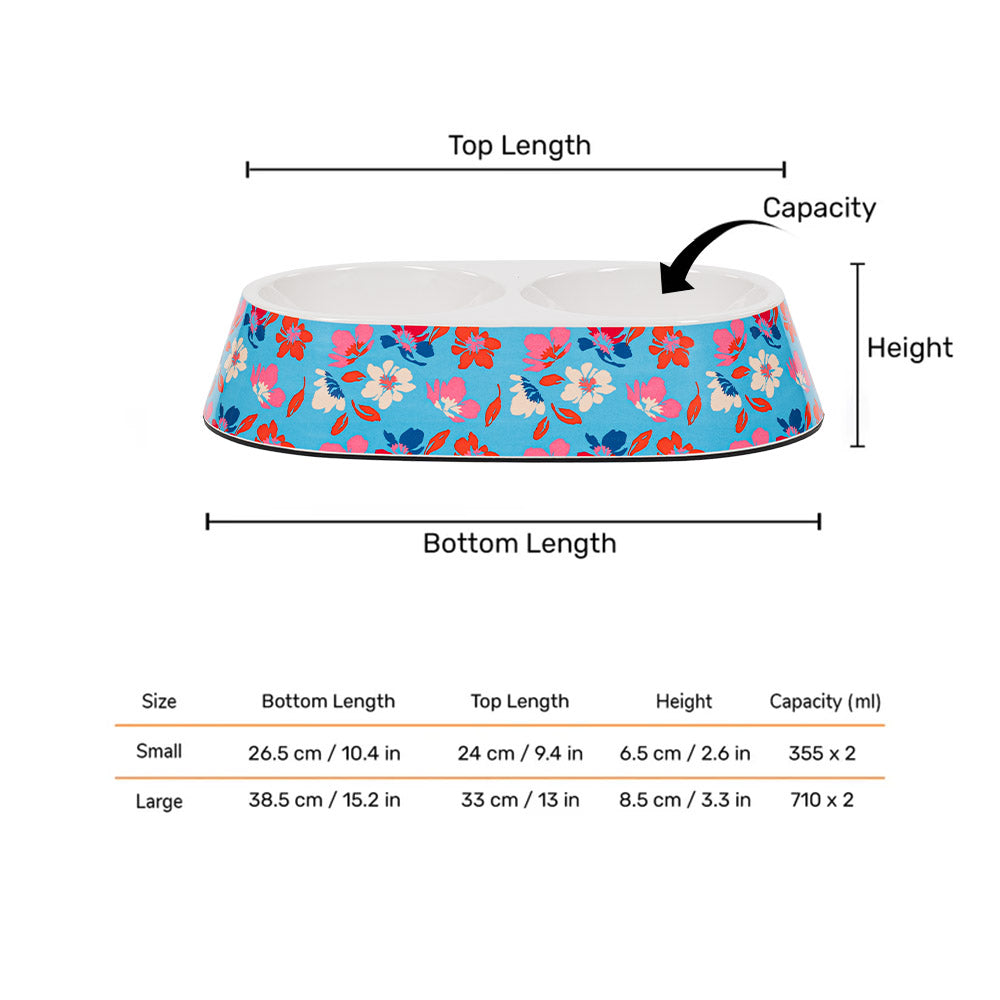 HUFT Summer Bloom Printed Melamine Double Diner For Dog - Blue - Heads Up For Tails
