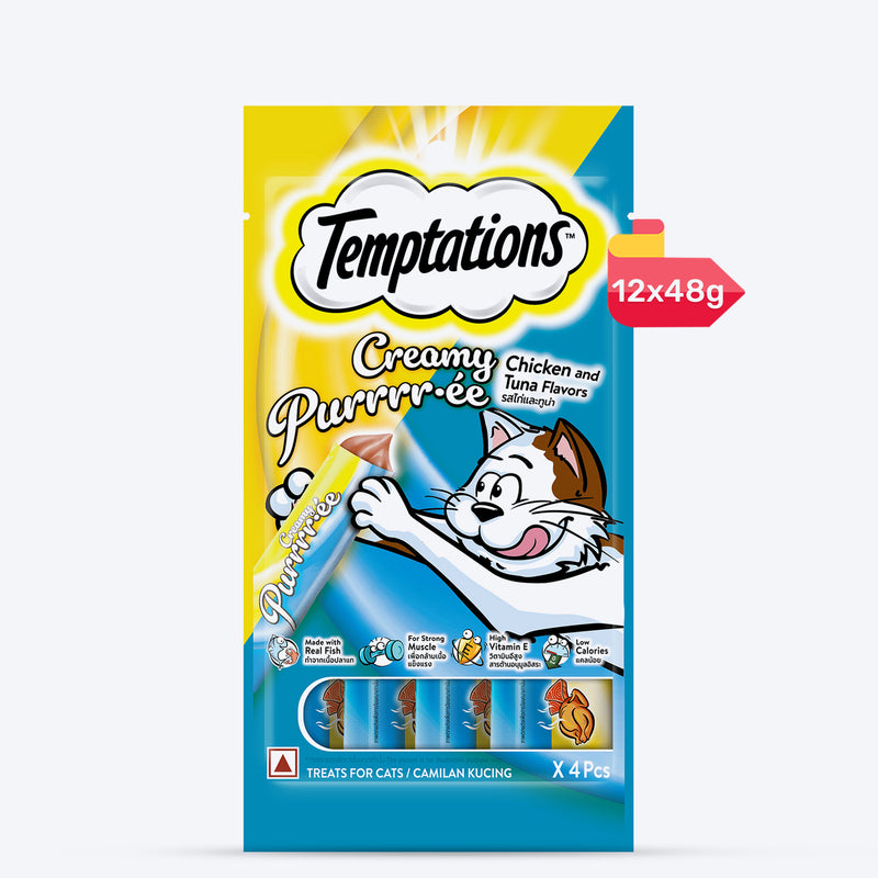 Temptations Creamy Purrrr-ee Cat Treats, Chicken & Tuna Flavour - 48 g (4 pieces) - Heads Up For Tails