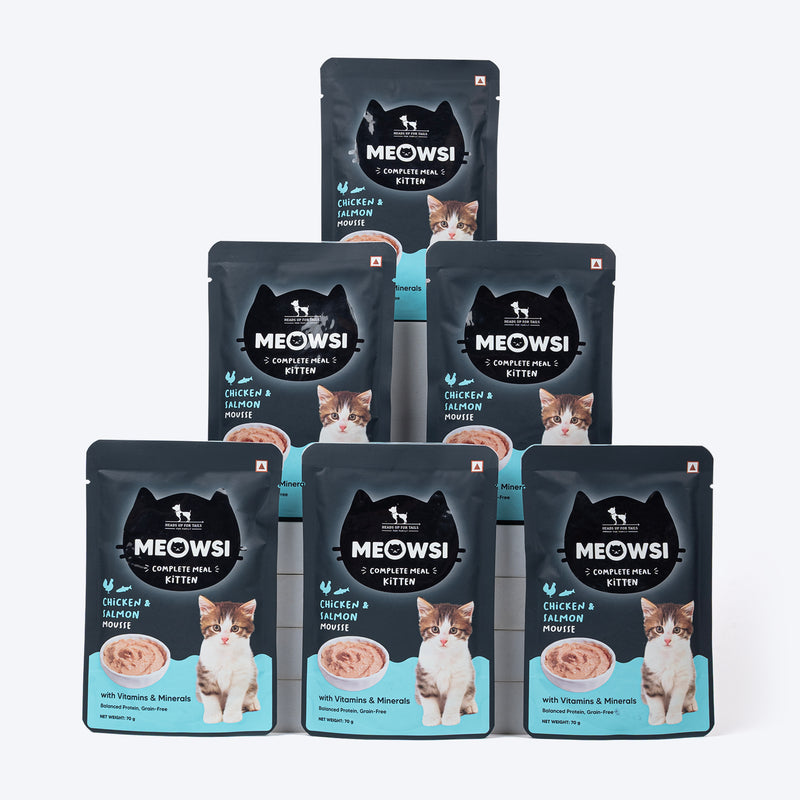 Meowsi by HUFT Chicken & Salmon Mousse Kitten Wet Food, 70 gm, complete meal with vitamins and minerals, grain-free.