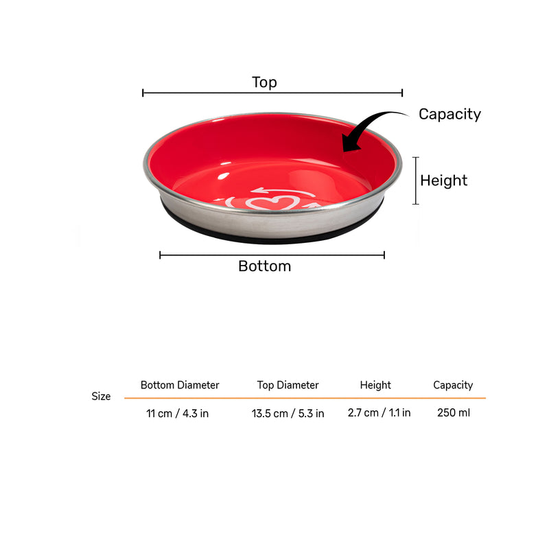HUFT Cute Hearts Printed Steel Bowl For Cat - Red - Heads Up For Tails