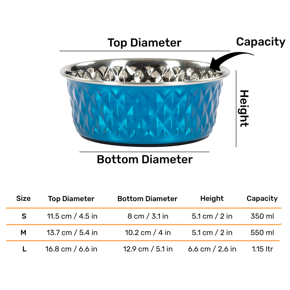 HUFT Dine N' Dazzle Embossed Steel Bowl For Dog - Blue - Heads Up For Tails