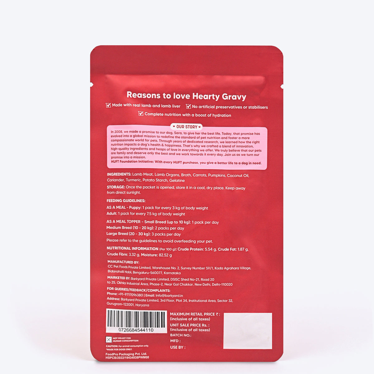 Hearty Chunky Lamb & Liver in Gravy dog food by Heads Up for Tails, 70 g, suitable for dogs over 3 months.