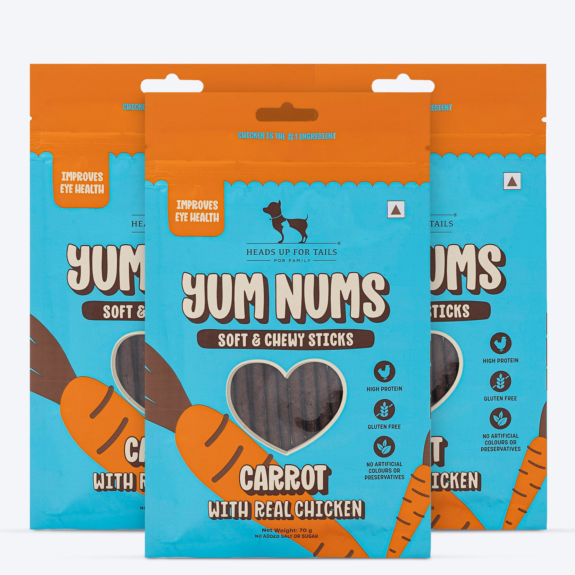 HUFT Yum Nums Dog Treats Soft & Chewy Sticks Carrot With Real Chicken - 70 gm - Heads Up For Tails