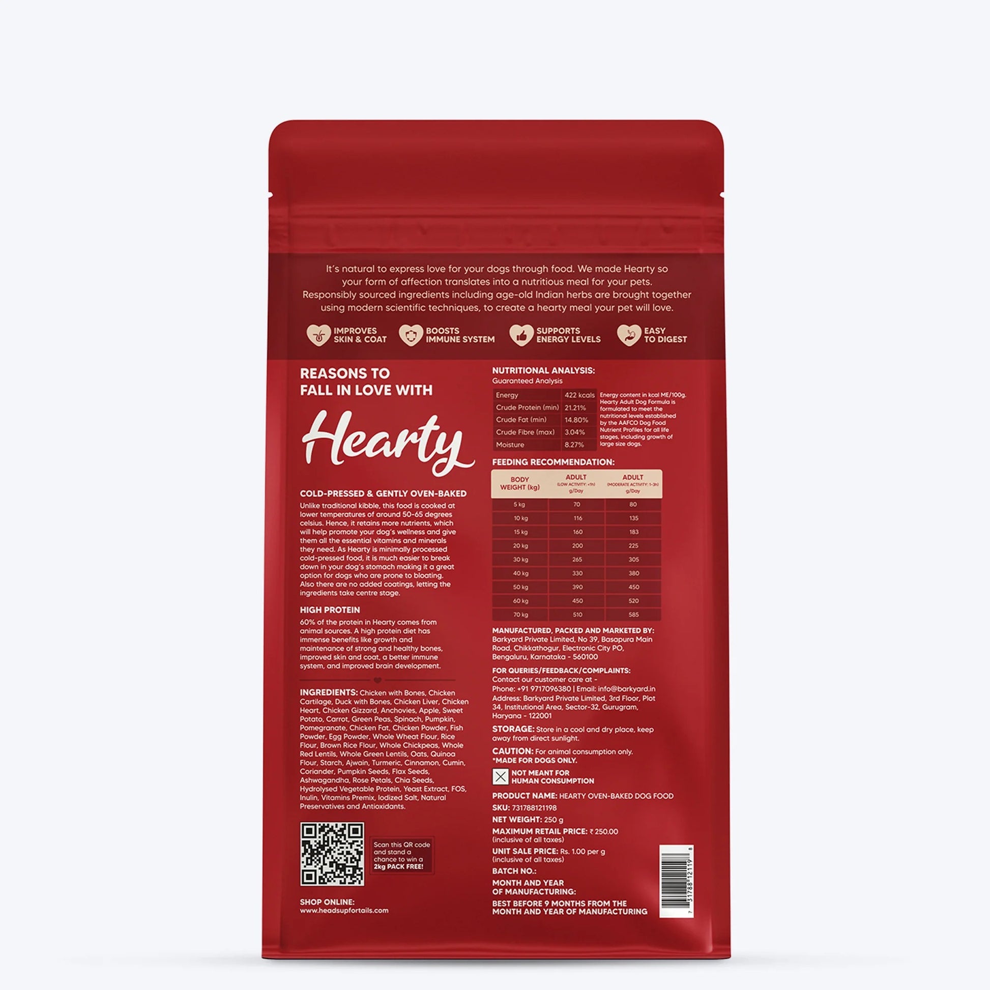 HUFT Hearty Oven-Baked Chicken & Duck With Brown Rice Adult Dog Dry Food - All Breed - 250 gm (Best Before May'26) - Heads Up For Tails
