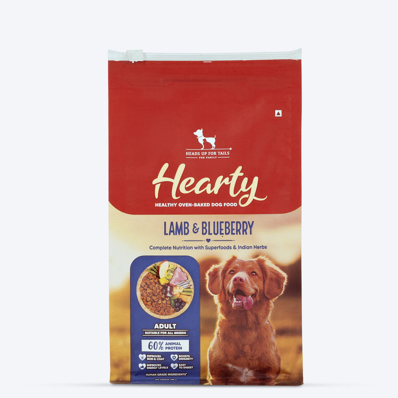 Hearty Lamb & Blueberry Oven-Baked Adult Dog Food by Heads Up for Tails, suitable for all breeds, 60% animal protein.