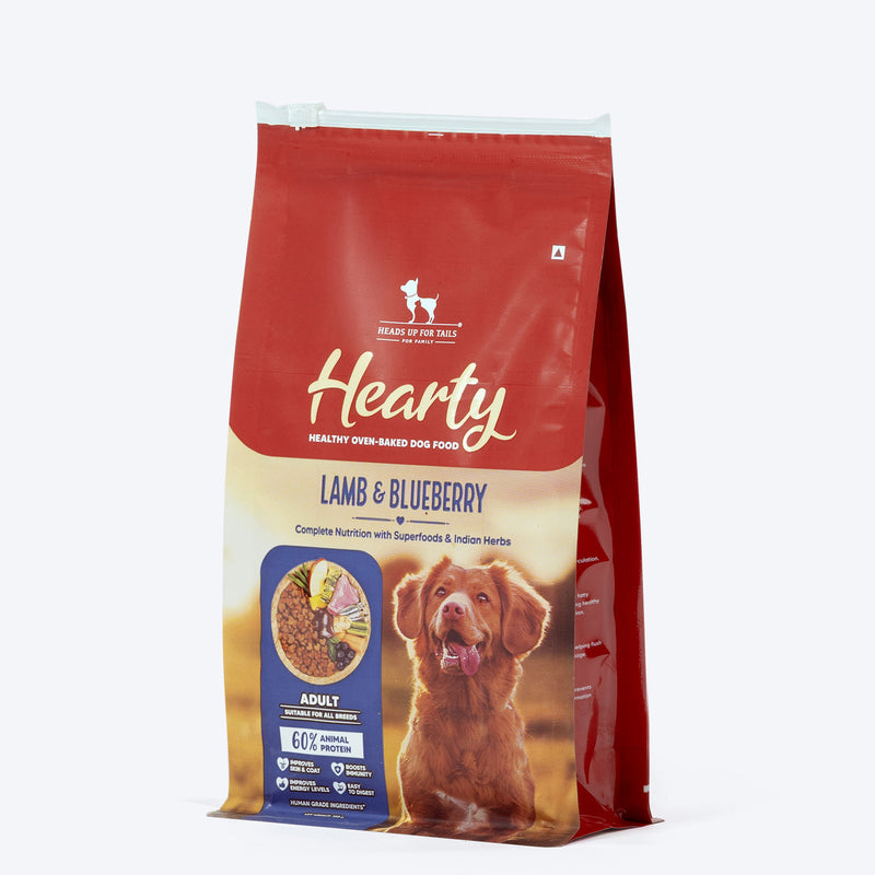 Hearty Lamb & Blueberry Oven-Baked Adult Dog Food by Heads Up for Tails, suitable for all breeds, 60% animal protein.