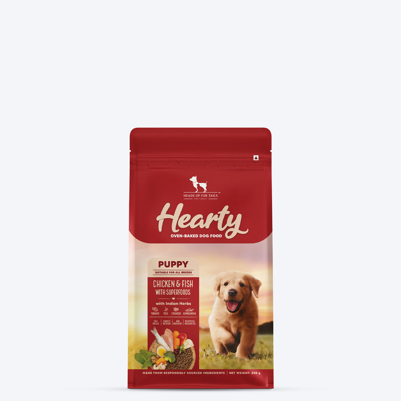 Hearty Oven-Baked Puppy Food by Heads Up for Tails, Chicken & Fish with Superfoods, 250g, suitable for all breeds.