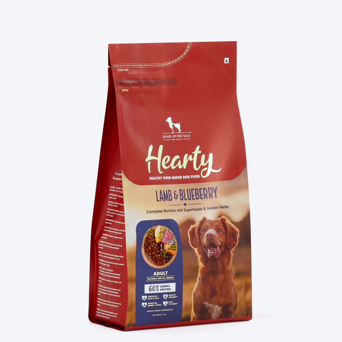 Hearty Lamb & Blueberry Oven-Baked Adult Dog Food by Heads Up for Tails, suitable for all breeds, 60% animal protein.