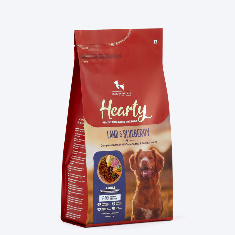 Hearty Lamb & Blueberry Oven-Baked Adult Dog Food by Heads Up for Tails, suitable for all breeds, 60% animal protein.