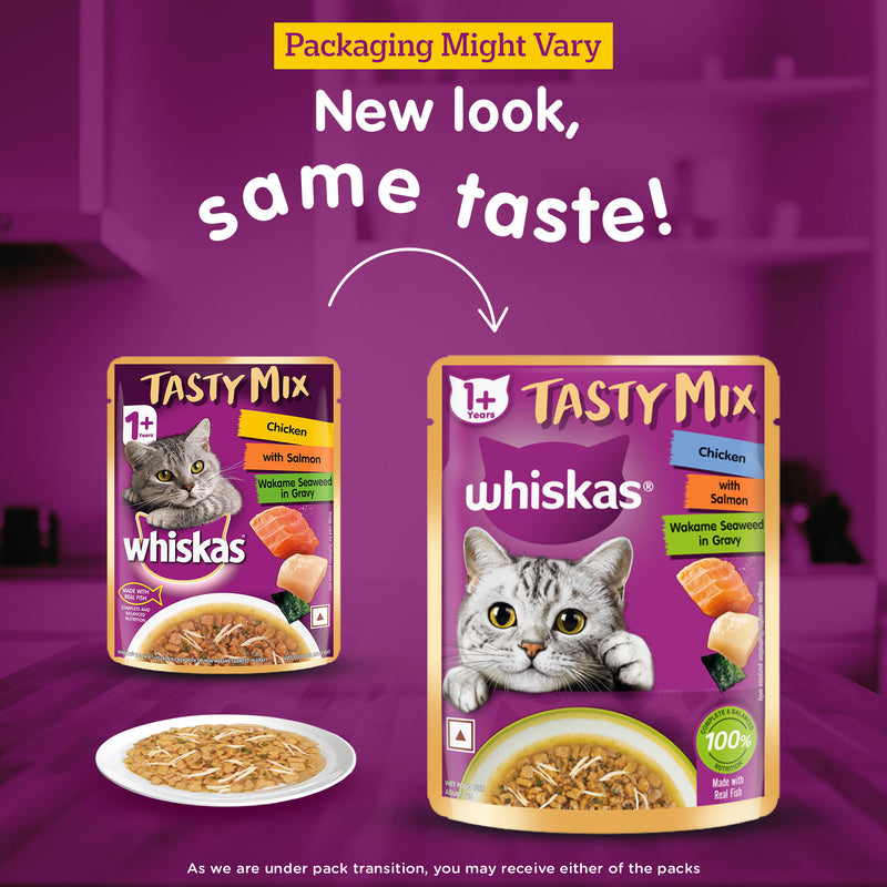 Whiskas Tasty Mix Wet Food Made With Real Fish (Salmon & Wakame Seaweed) With Chicken in Gravy For Adult (1+ year) Cat - 70 gm Pack - Heads Up For Tails