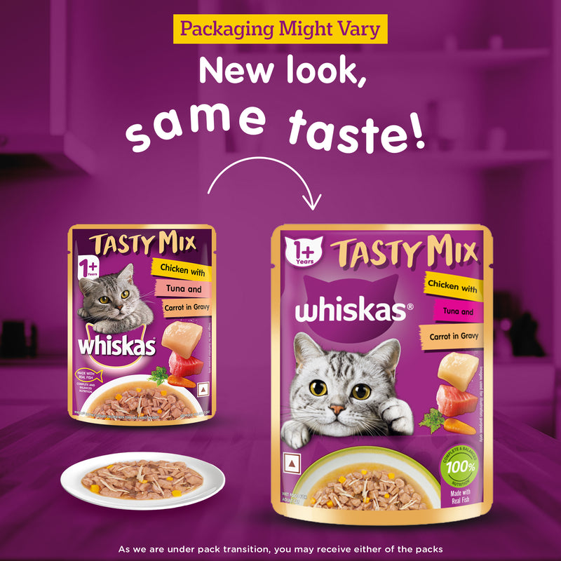 Whiskas Tasty Mix Wet Food Made With Real Fish(Tuna), Chicken & Carrot in Gravy For Adult (1+ year) Cat - 70 gm Pack - Heads Up For Tails