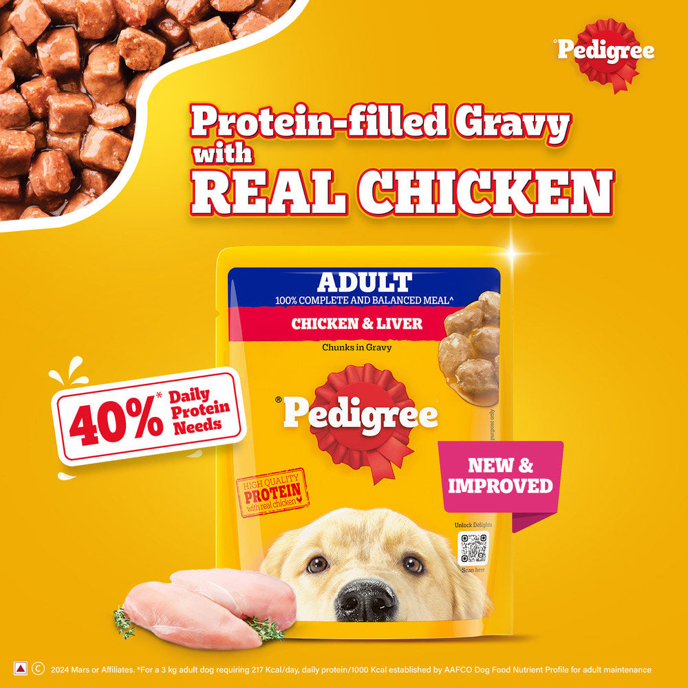 Pedigree Chicken & Liver Chunks in Gravy Adult Wet Dog Food - 70 g packs - Heads Up For Tails