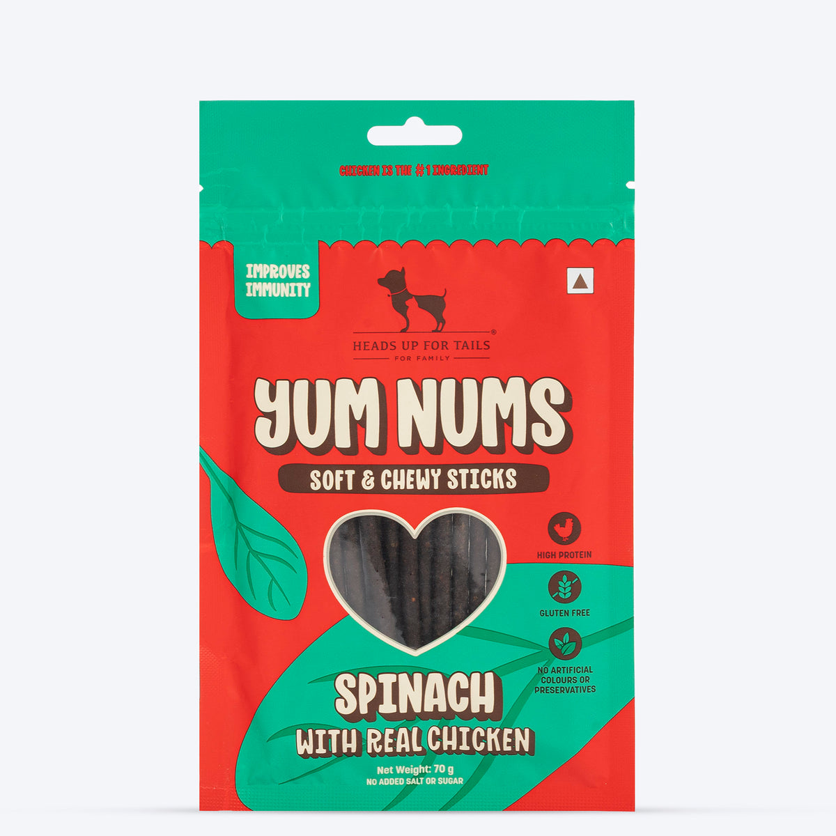 HUFT Yum Nums Dog Treats Soft & Chewy Sticks Spinach With Real Chicken - 70 gm, Iron rich, Vitamins A,B,C & K