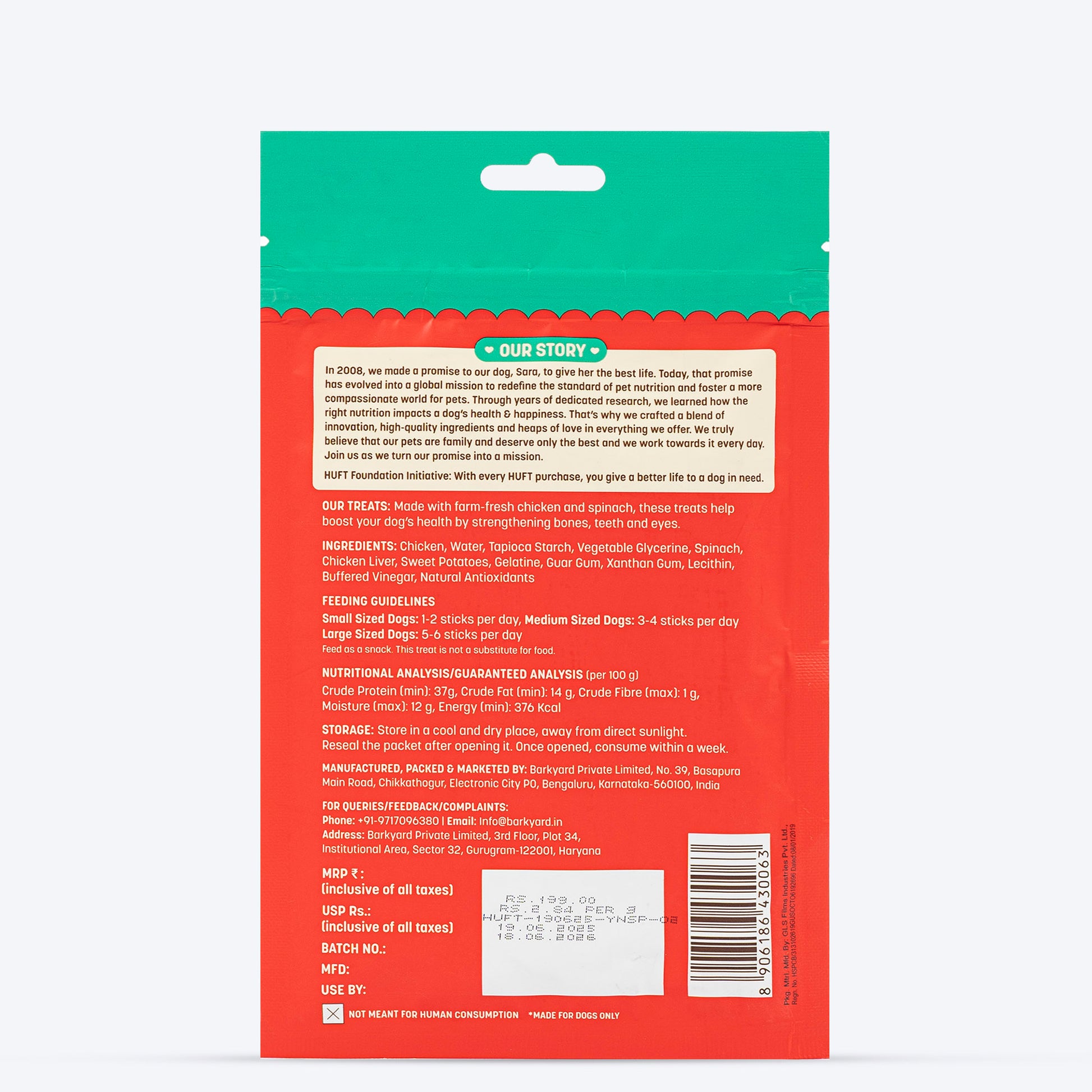 HUFT Yum Nums Dog Treats Soft & Chewy Sticks Spinach With Real Chicken - 70 gm - Heads Up For Tails