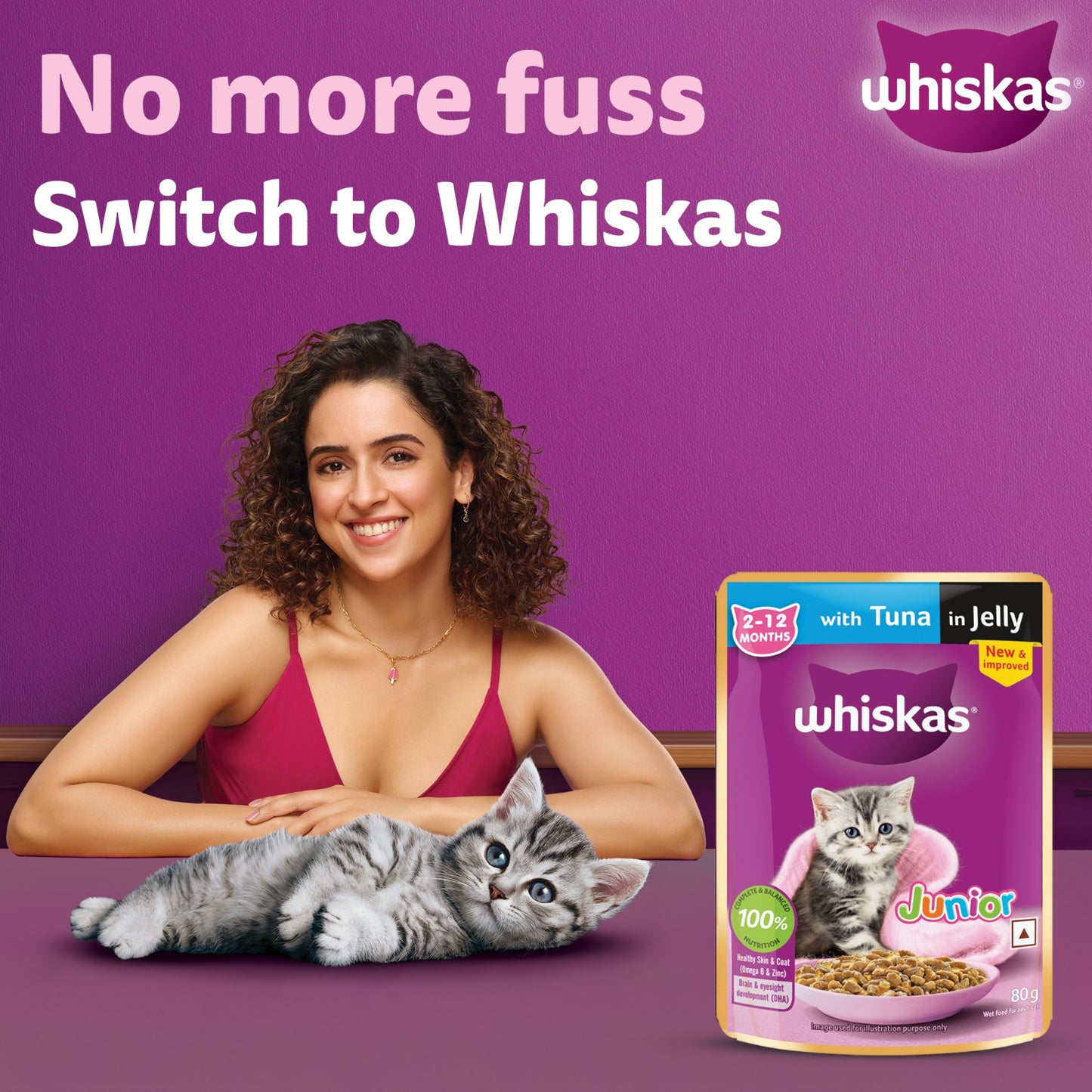 Whiskas Tuna in Jelly (2-12 Months) Wet Food For Kitten - 80 gm Pack - Heads Up For Tails