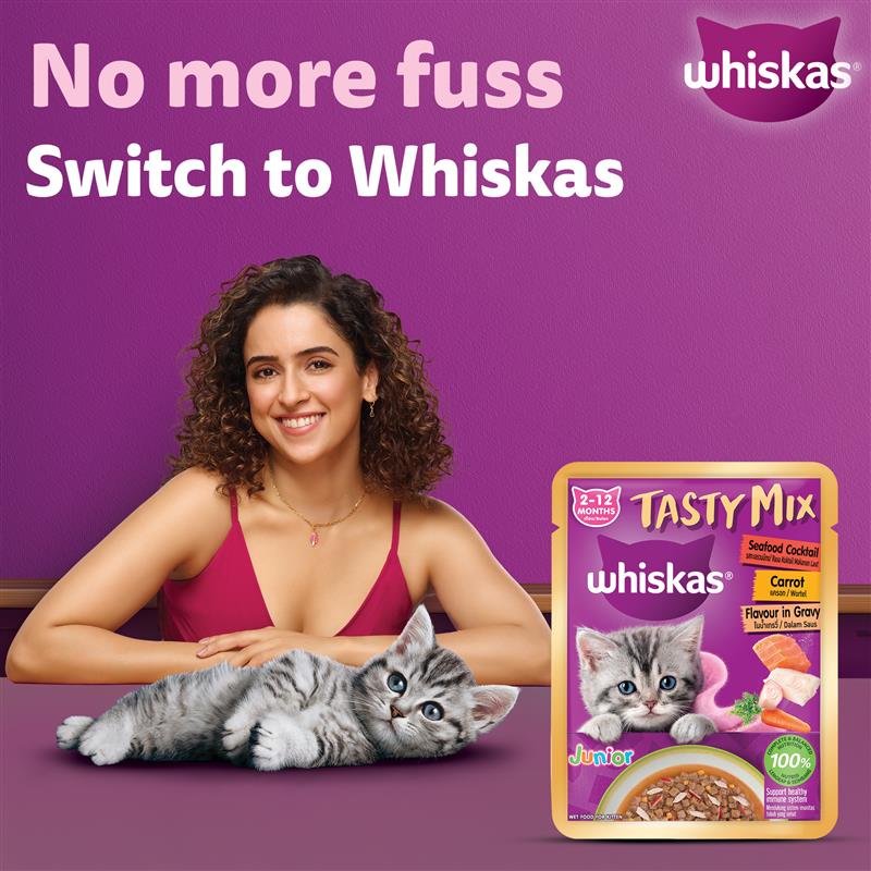 Whiskas Tasty Mix Seafood Cocktail With Carrot In Gravy Wet Food For Junior (2-12 Months) Kitten- 70 gm Pack - Heads Up For Tails