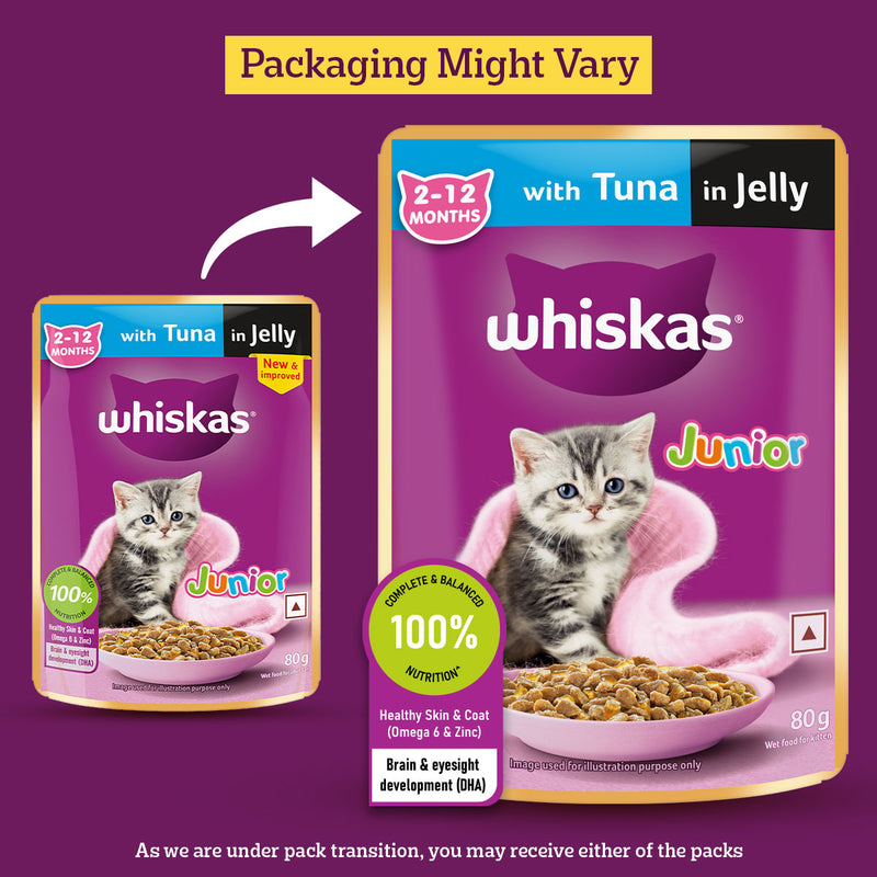 Whiskas Tuna in Jelly (2-12 Months) Wet Food For Kitten - 80 gm Pack - Heads Up For Tails