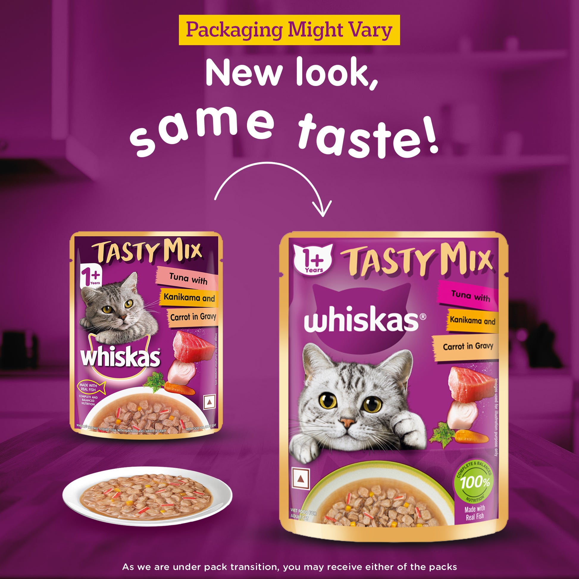 Whiskas Tasty Mix Wet Food Made With Real Fish (Tuna & Kanikama), And Carrot in Gravy For Adult (1+ year) Cat - 70 gm Pack - Heads Up For Tails