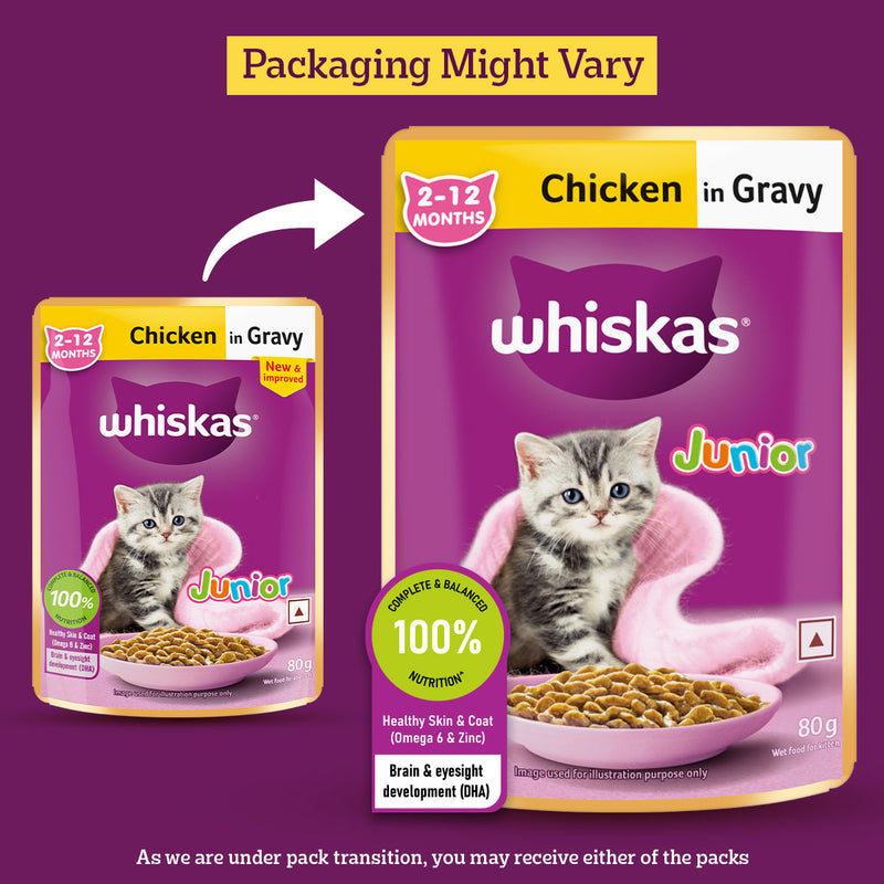 Whiskas Chicken in Gravy (2-12 Months) Wet Food For Junior Kitten - 80 gm - Heads Up For Tails
