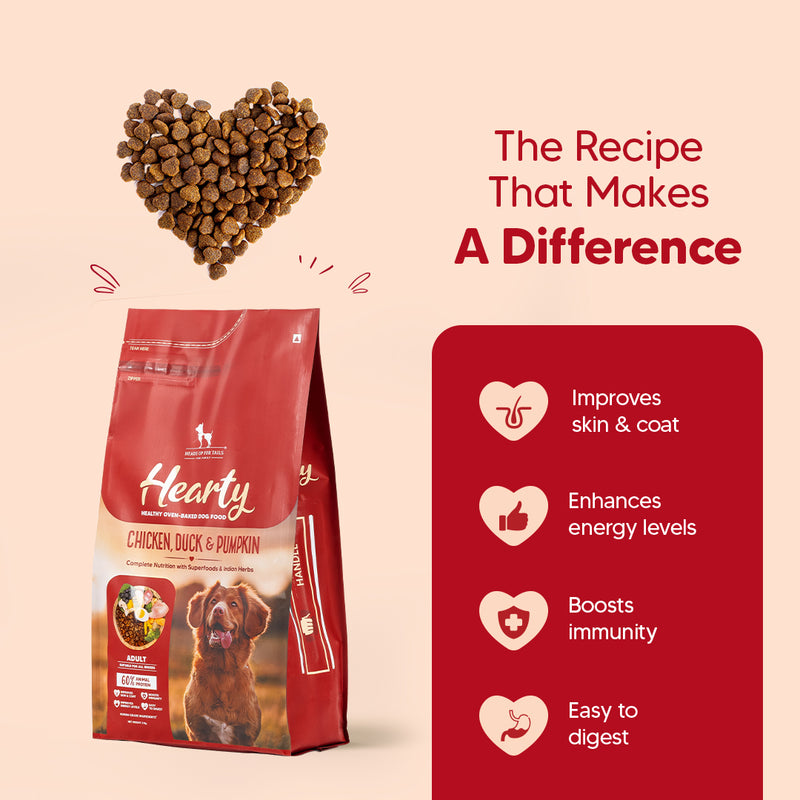 Hearty Oven-Baked Adult Dog Food – Chicken, Duck & Pumpkin, 250g, suitable for all breeds.
