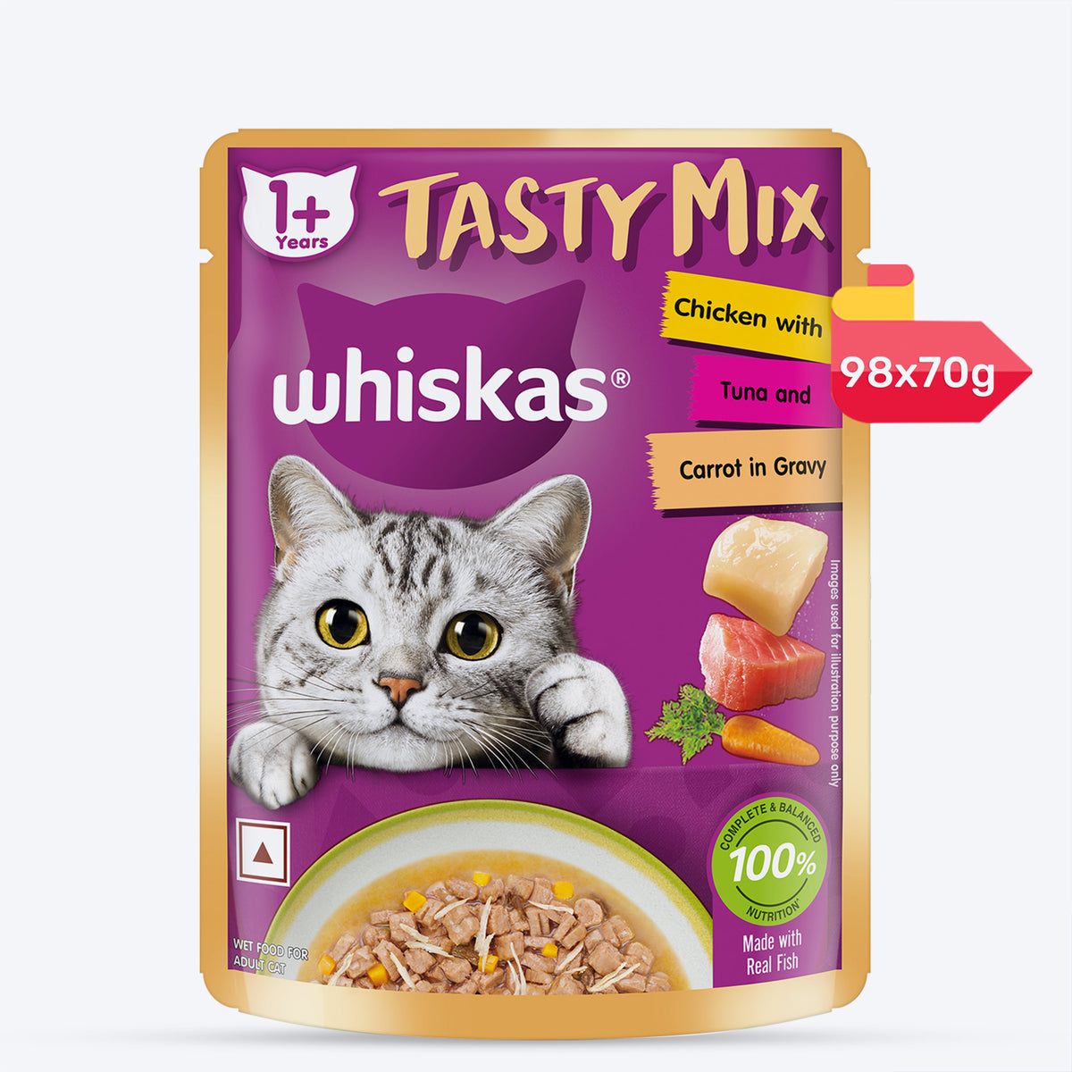 Whiskas Tasty Mix Adult (1+ year) Chicken With Tuna & Carrot in Gravy Wet Cat Food - 70 gm Pack