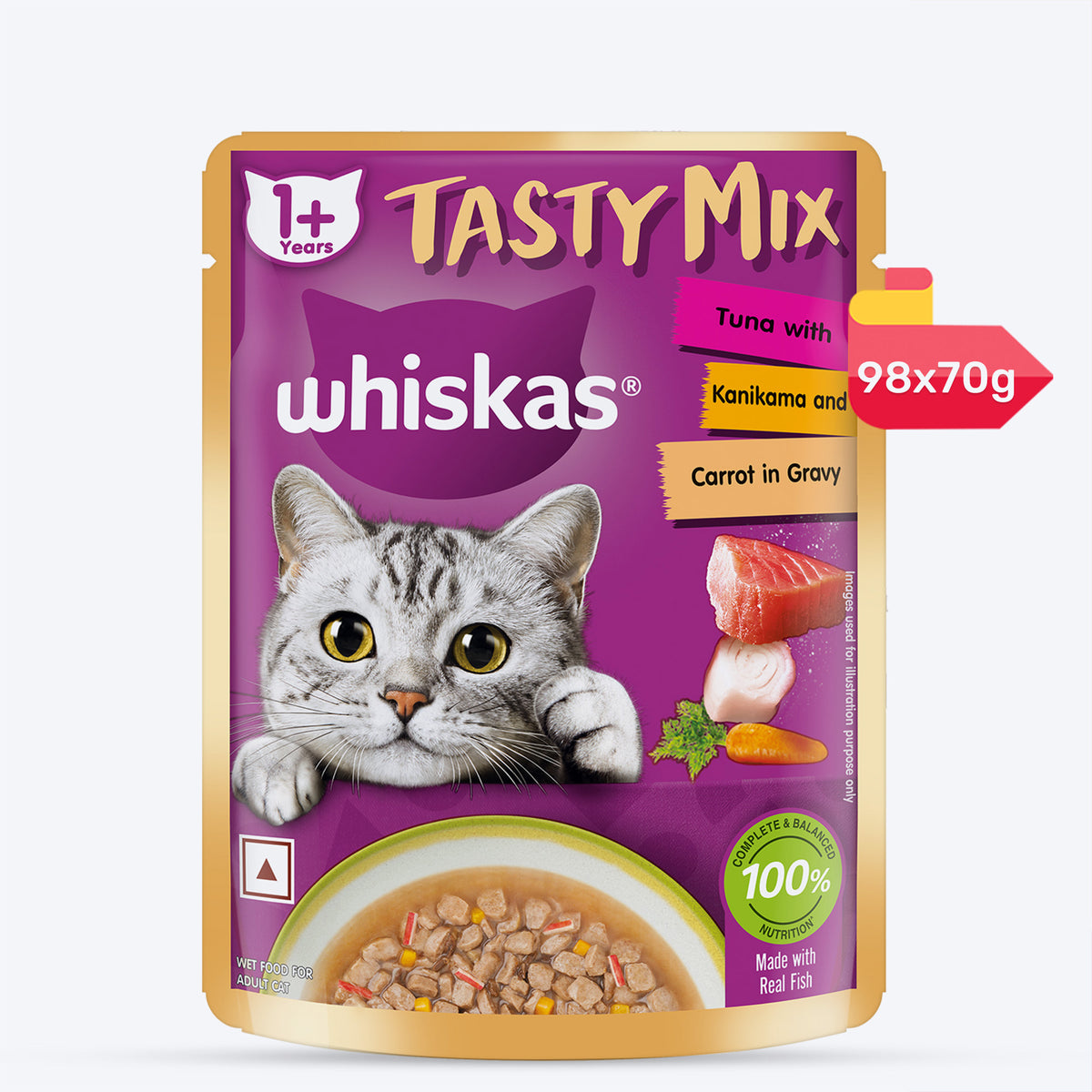 Whiskas Tasty Mix Wet Food Made With Real Fish (Tuna & Kanikama), And Carrot in Gravy For Adult (1+ year) Cat - 70 gm Pack