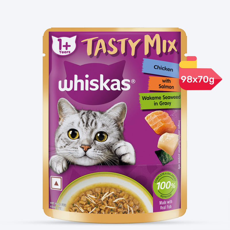 Whiskas Tasty Mix Wet Food Made With Real Fish (Salmon & Wakame Seaweed) With Chicken in Gravy For Adult (1+ year) Cat - 70 gm Pack - Heads Up For Tails
