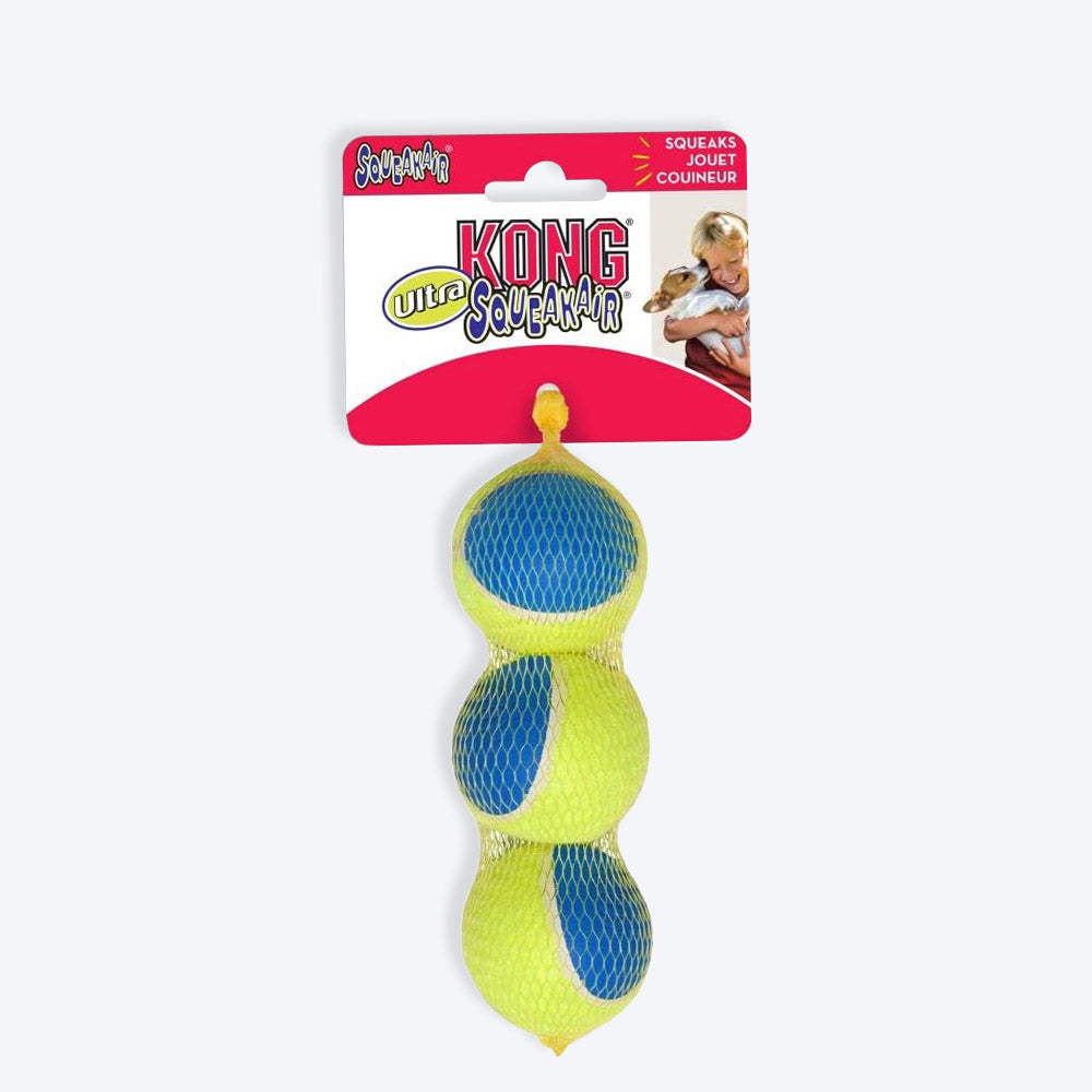 KONG Ultra SqueakAir Balls Toy For Dog - Yellow & Blue - M - 3 pcs - Heads Up For Tails